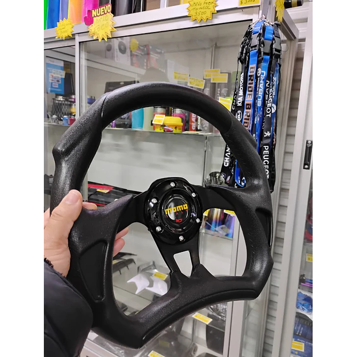 Volante de auto tipo D universal Tunning deportivo momo con botón de bocina centro negro 7