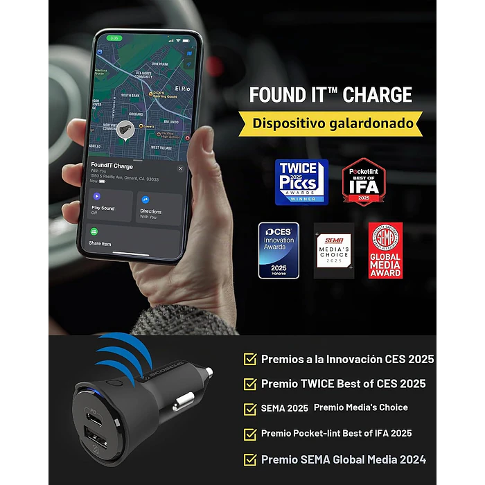  Cargador celular Auto 32W con Localizador Find My USB-C USB-A  9