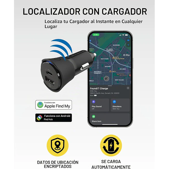  Cargador celular Auto 32W con Localizador Find My USB-C USB-A  12