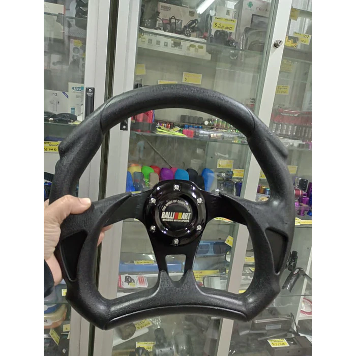 Volante de auto tipo D universal Tunning deportivo marca Rally art con botón de bocina medida 31cm diámetro externo centro negro 2