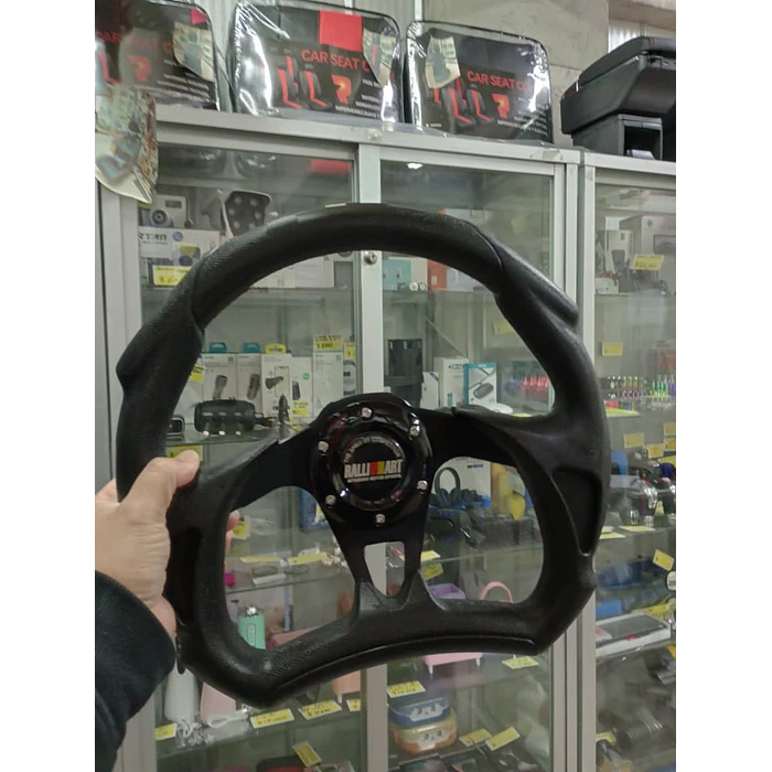 Volante de auto tipo D universal Tunning deportivo marca Rally art con botón de bocina medida 31cm diámetro externo centro negro 4