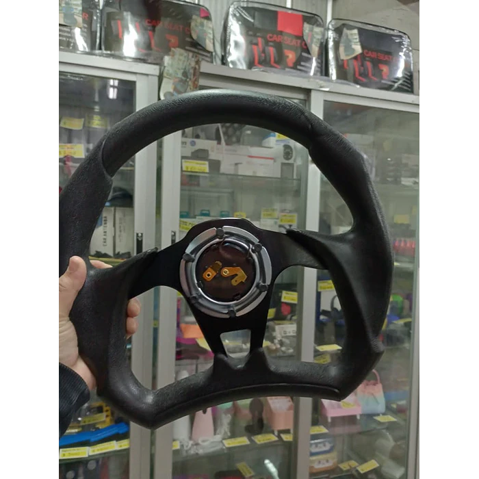 Volante de auto tipo D universal Tunning deportivo marca Rally art con botón de bocina medida 31cm diámetro externo centro negro 5