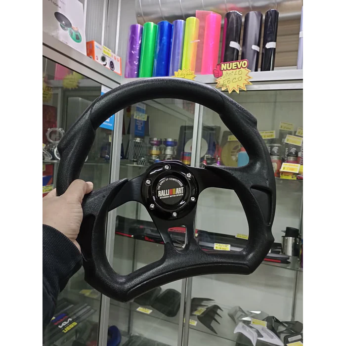 Volante de auto tipo D universal Tunning deportivo marca Rally art con botón de bocina medida 31cm diámetro externo centro negro 6