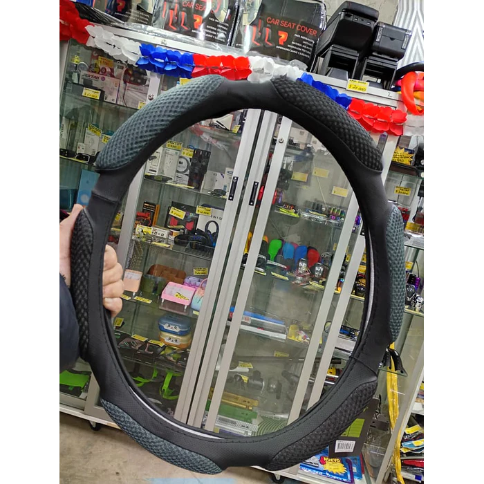 Funda cubre Volante de autos standard 38cm ergonómico negro con gris 6