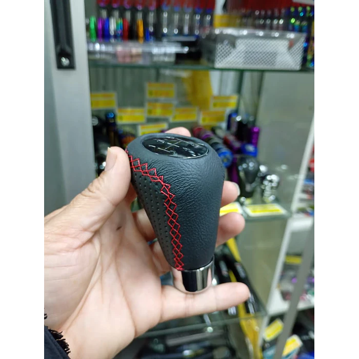 Pomo perilla palanca de cambios tunning cuero PU negro con costura roja 5 velocidades y reversa en sexta  7
