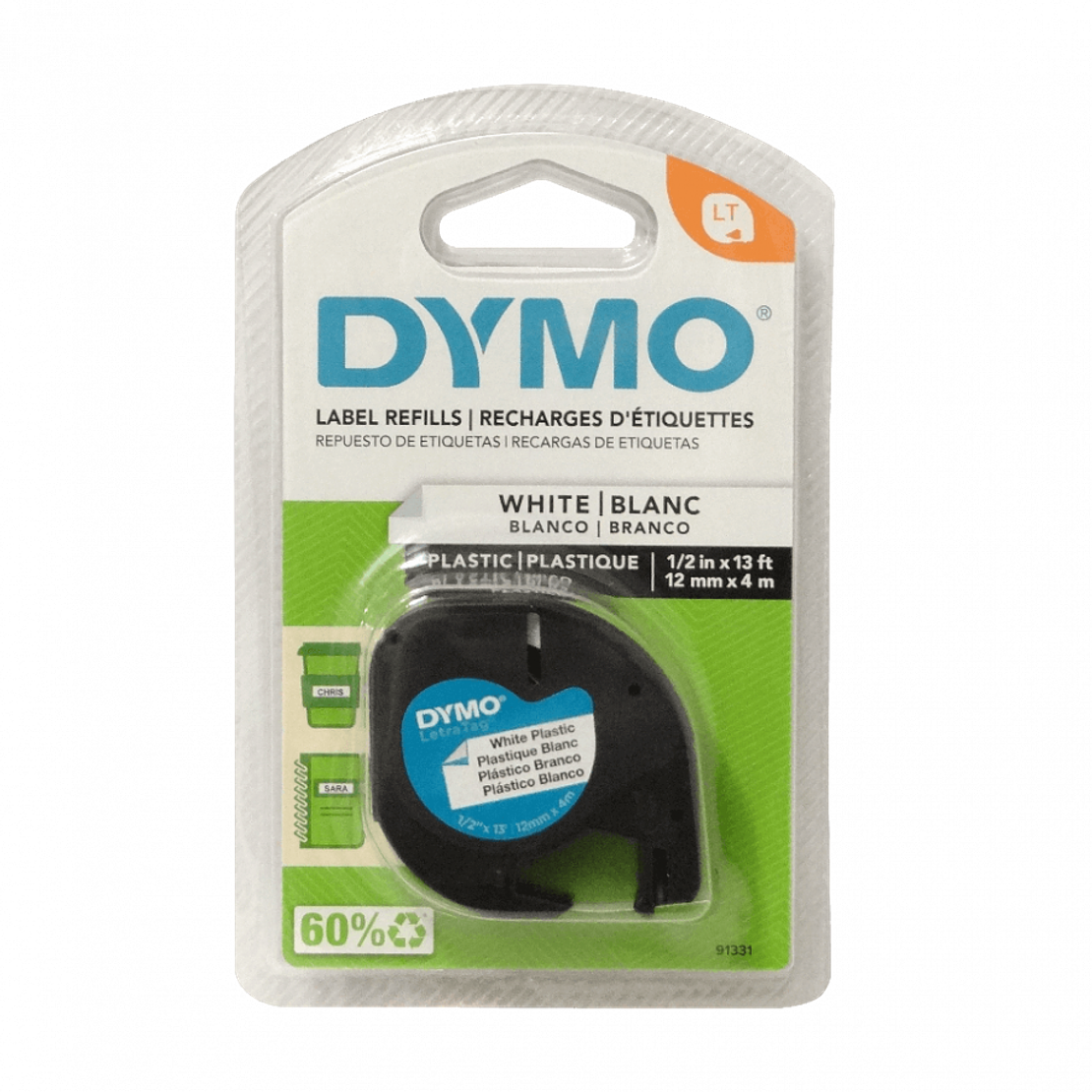 CINTA DYMO NEGRO SOBRE BLANCO 12MM X 4M ETIQUETA PLASTICA LETRATAG 2