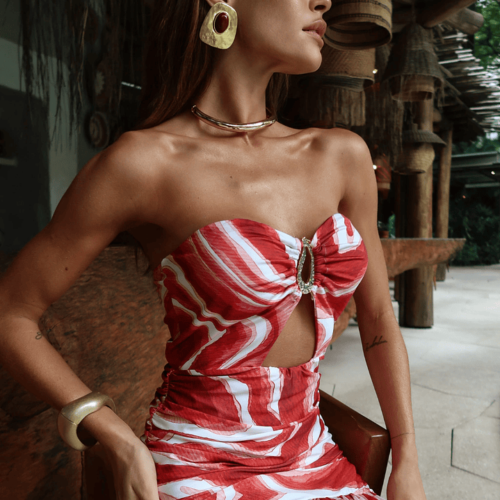Vestido Bia Rouge Strapless Cut Out | Maxi Estampado Rojo Exclusivo 3
