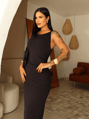 Vestido Josefa Negro - Vestido Midi con Drapeado | Amapola Boutique