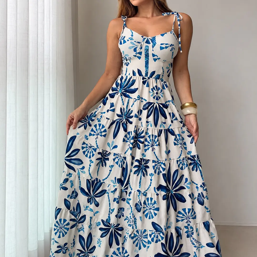 🌊 Vestido Maxi Fluit - Estampa Botánica Azul 1