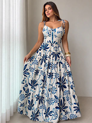 🌊 Vestido Maxi Fluit - Estampa Botánica Azul