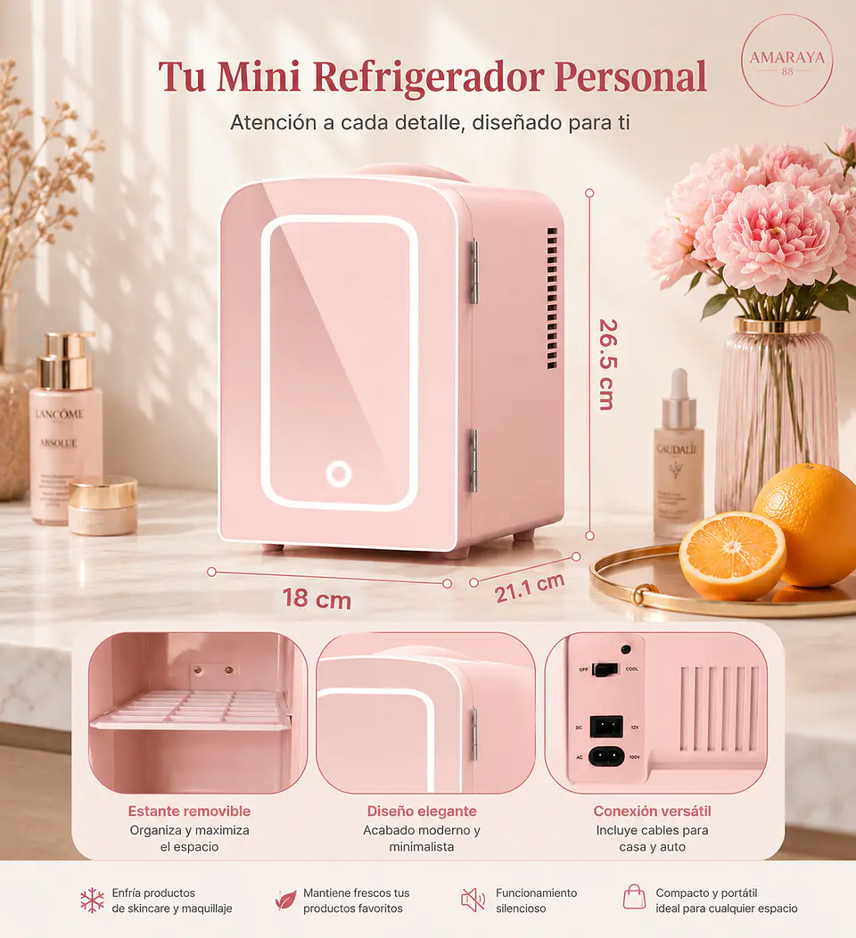 Mini Nevera para Skincare y Cosméticos con Espejo LED 3