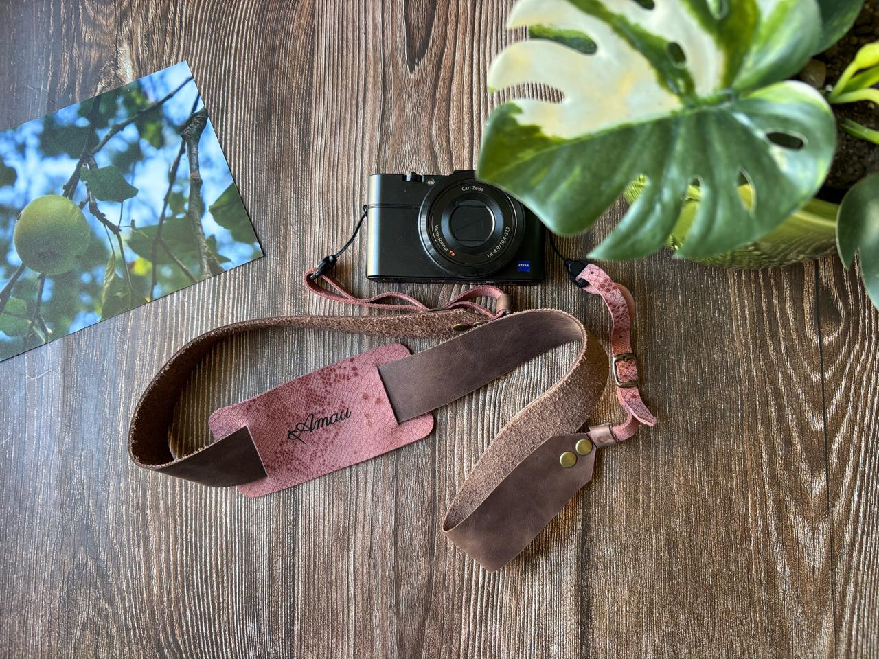 Correa de cuero para cámara fotográfica ETC color Café Rosa  1