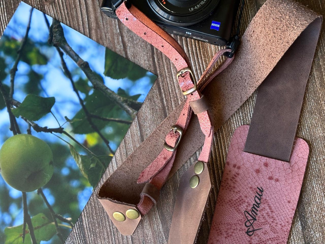 Correa de cuero para cámara fotográfica ETC color Café Rosa  4