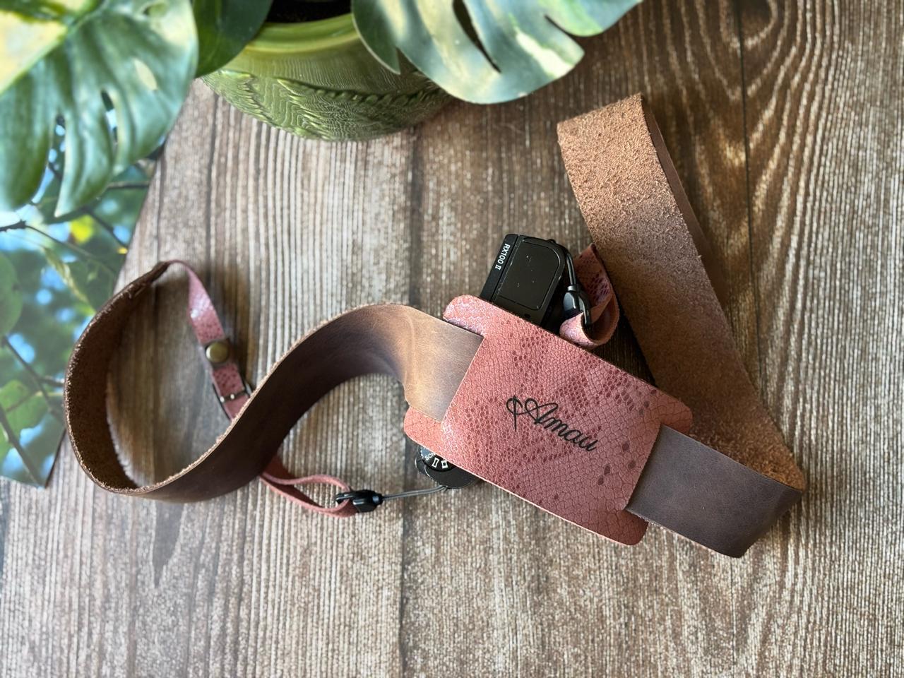 Correa de cuero para cámara fotográfica ETC color Café Rosa  6