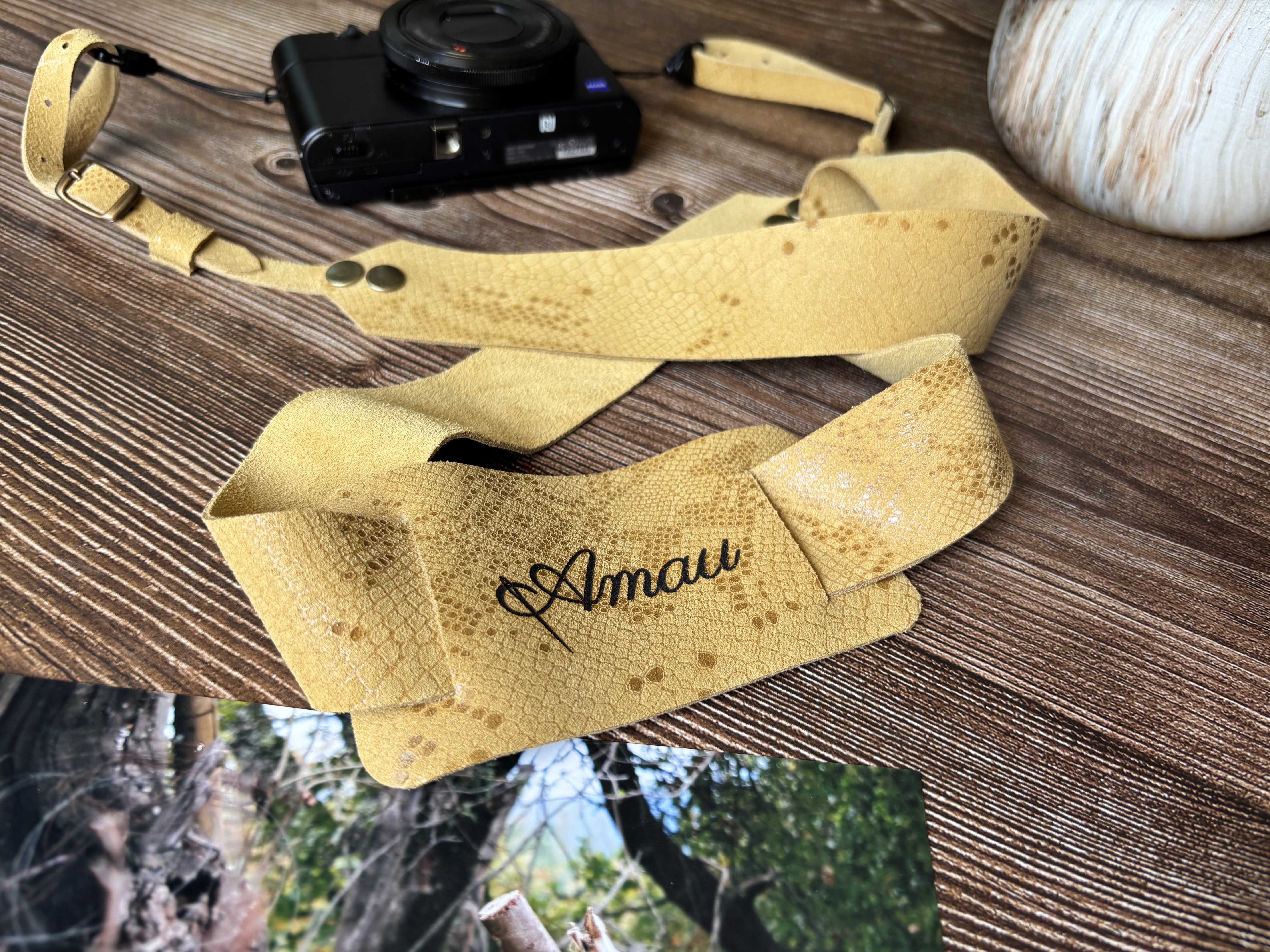 Correa de cuero para cámara fotográfica ETC color Mostaza 5