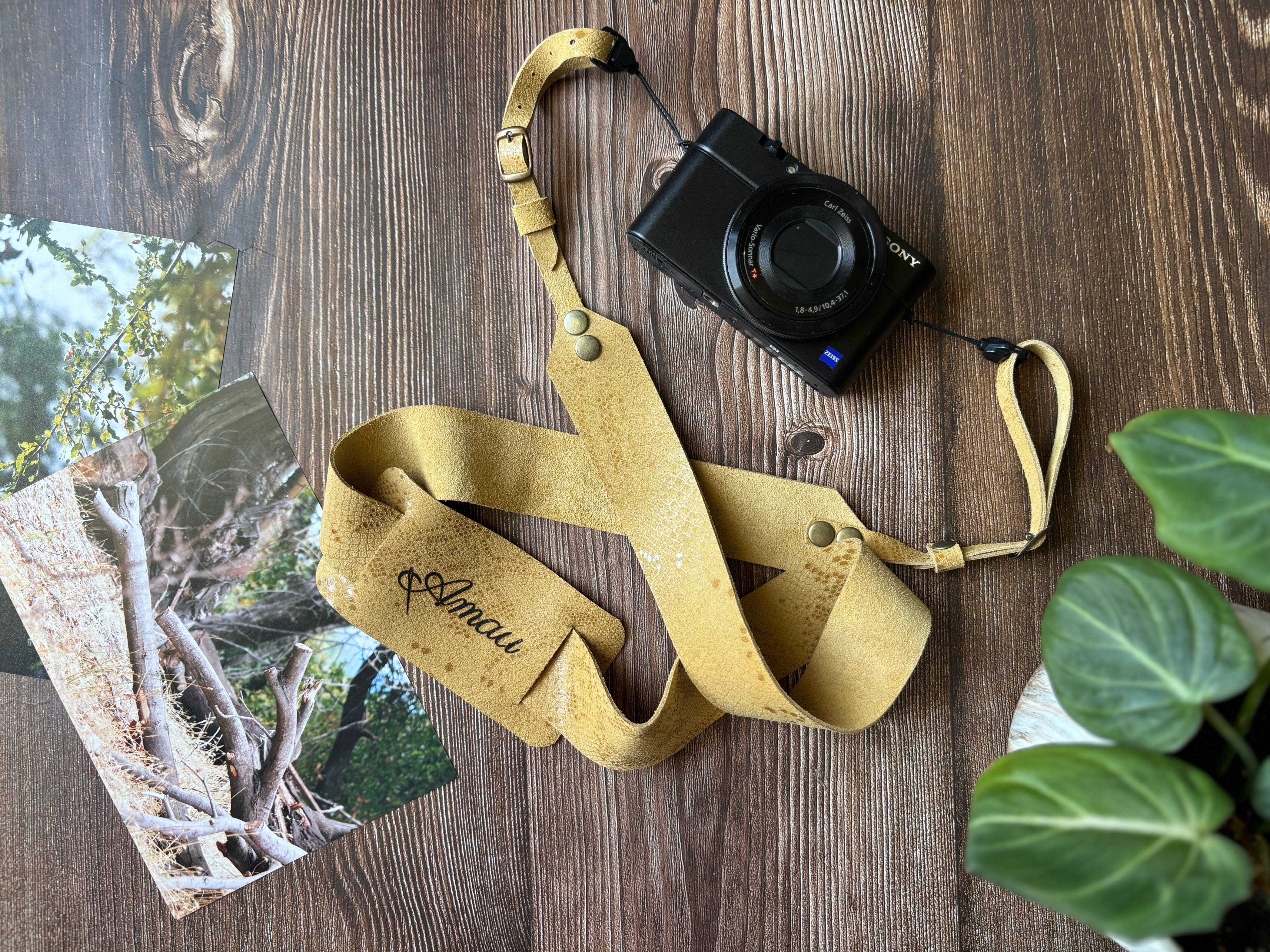 Correa de cuero para cámara fotográfica ETC color Mostaza 7