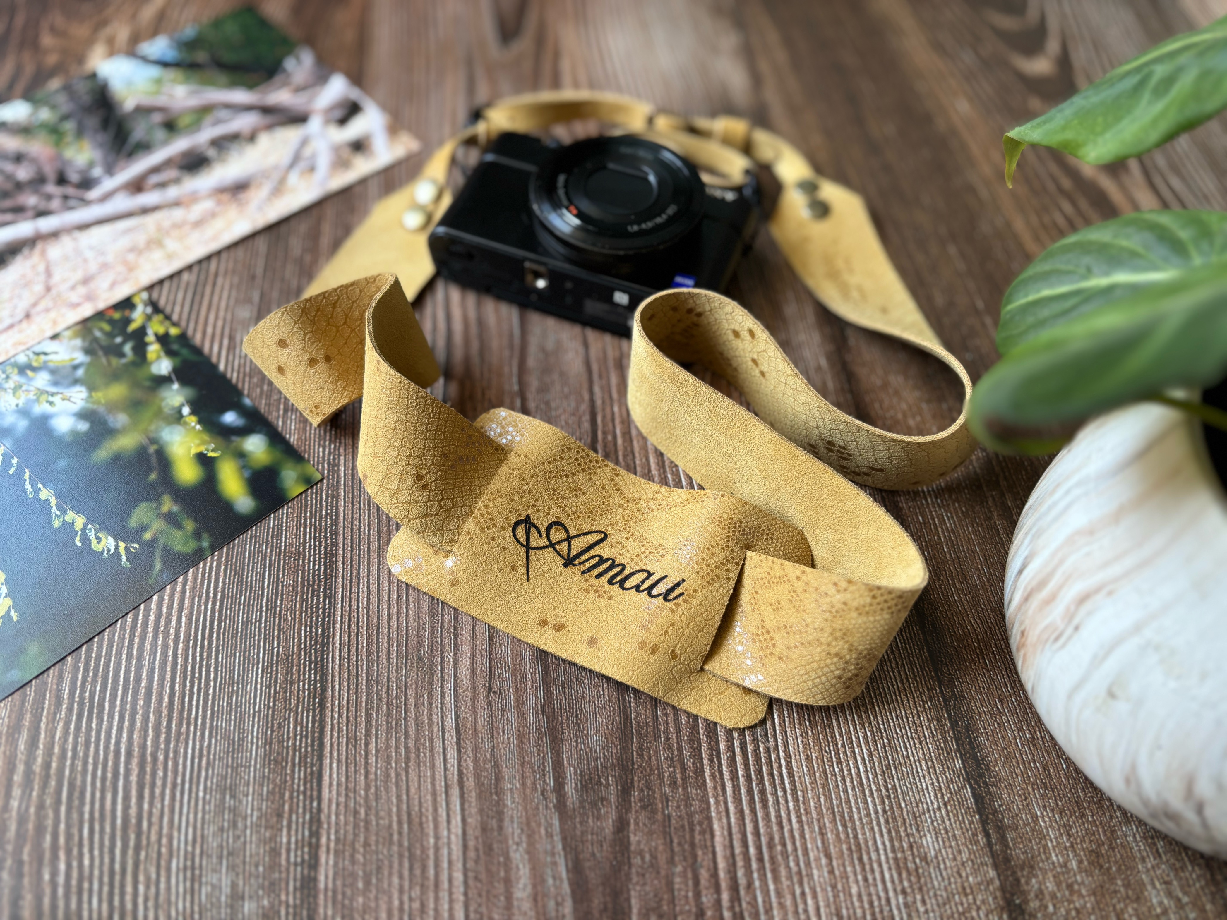 Correa de cuero para cámara fotográfica ETC color Mostaza 9