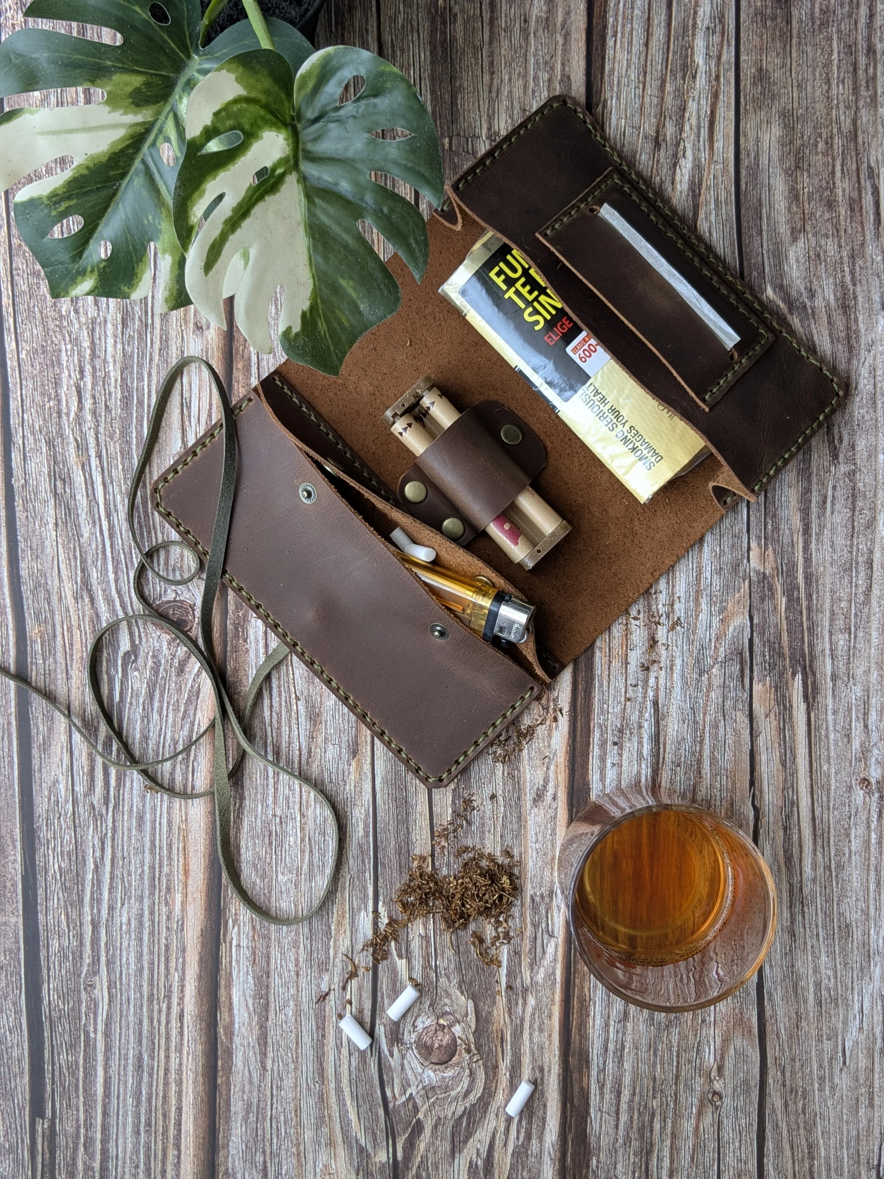 Tabaquera de cuero color Chocolate Musgo 16