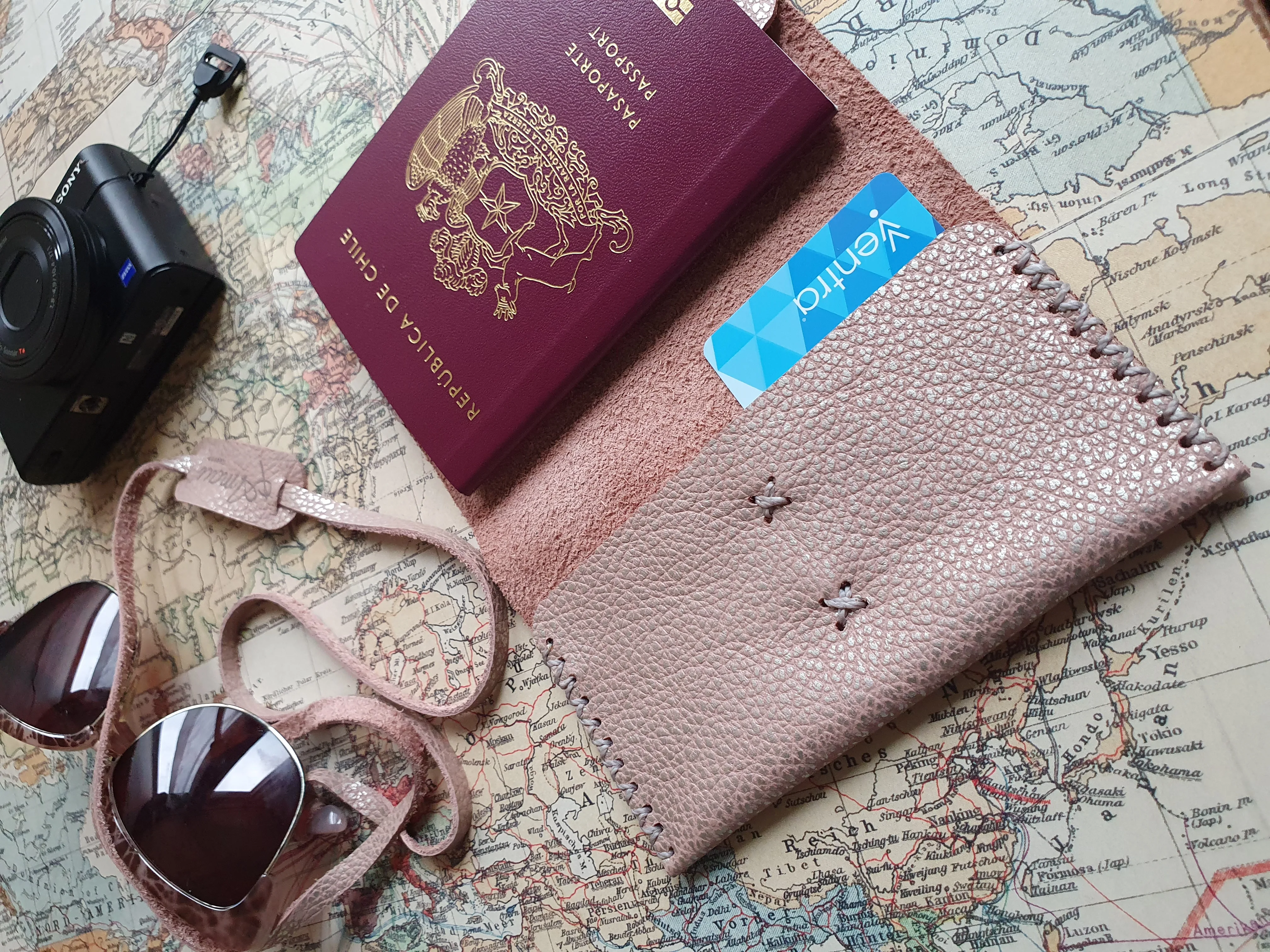 Funda para pasaporte de cuero color Rosa Plata 1