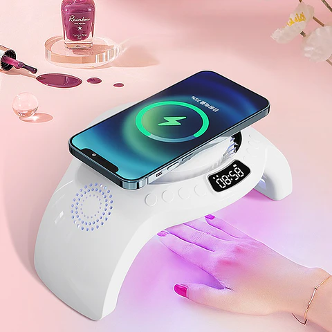 Lámpara de Uñas Multifuncional con Cargador Inalámbrico, Parlante y Reloj