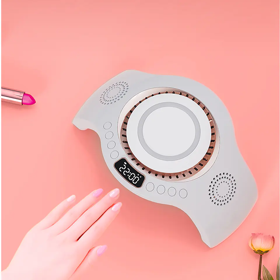 Lámpara de Uñas Multifuncional con Cargador Inalámbrico, Parlante y Reloj 2