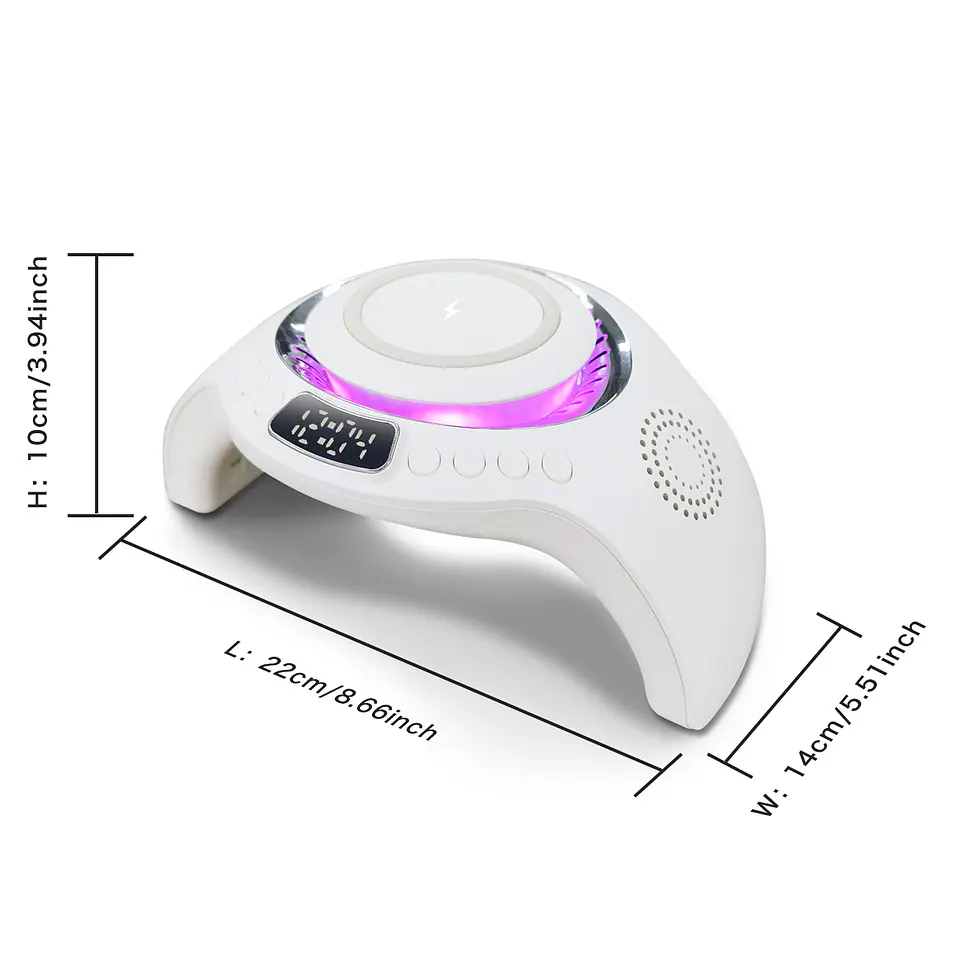 Lámpara de Uñas Multifuncional con Cargador Inalámbrico, Parlante y Reloj 3