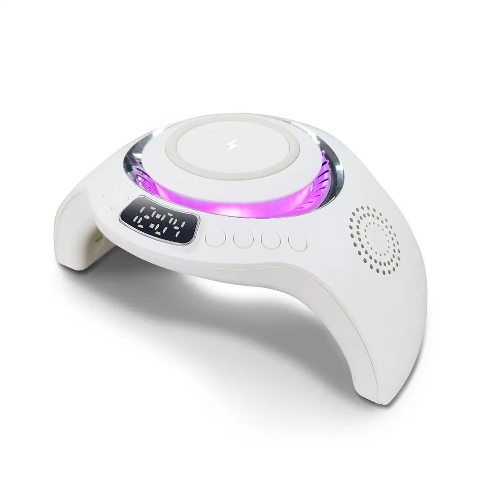 Lámpara de Uñas Multifuncional con Cargador Inalámbrico, Parlante y Reloj 4