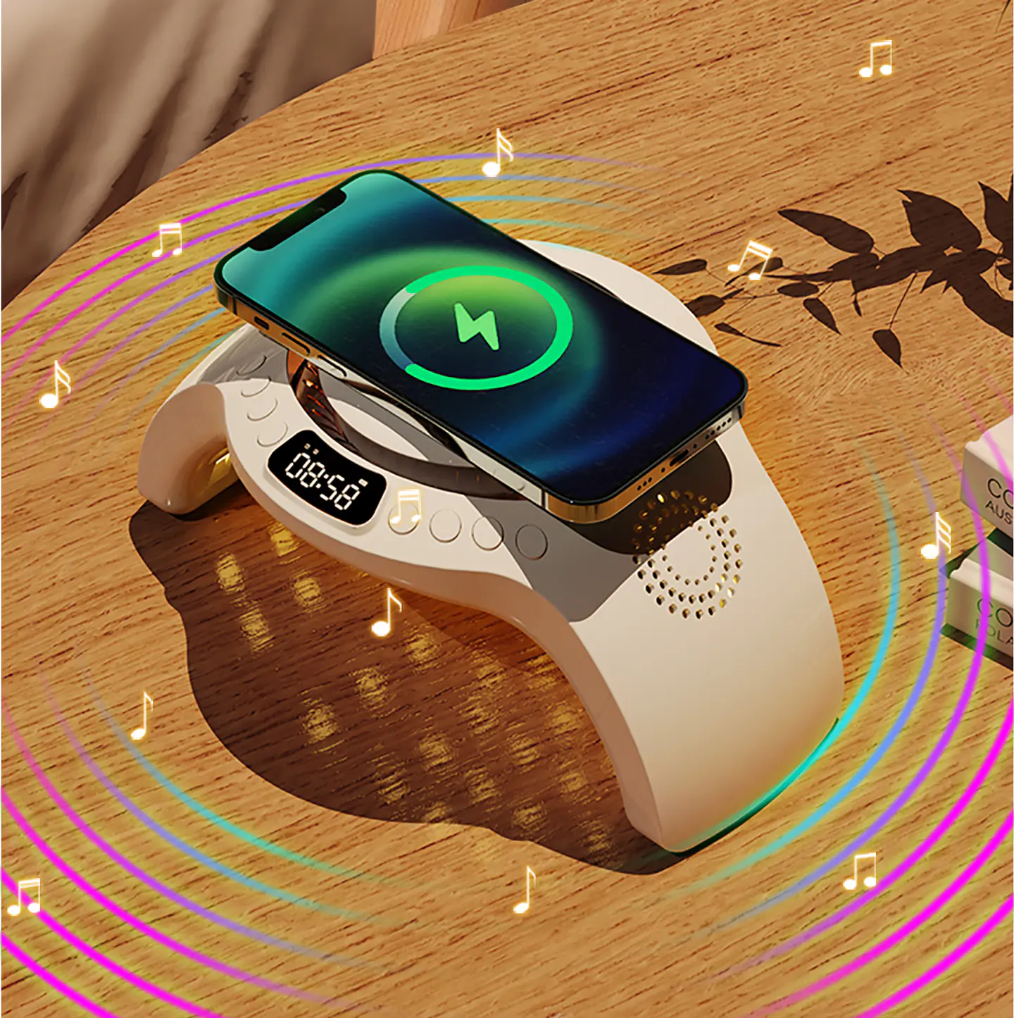 Lámpara de Uñas Multifuncional con Cargador Inalámbrico, Parlante y Reloj 5