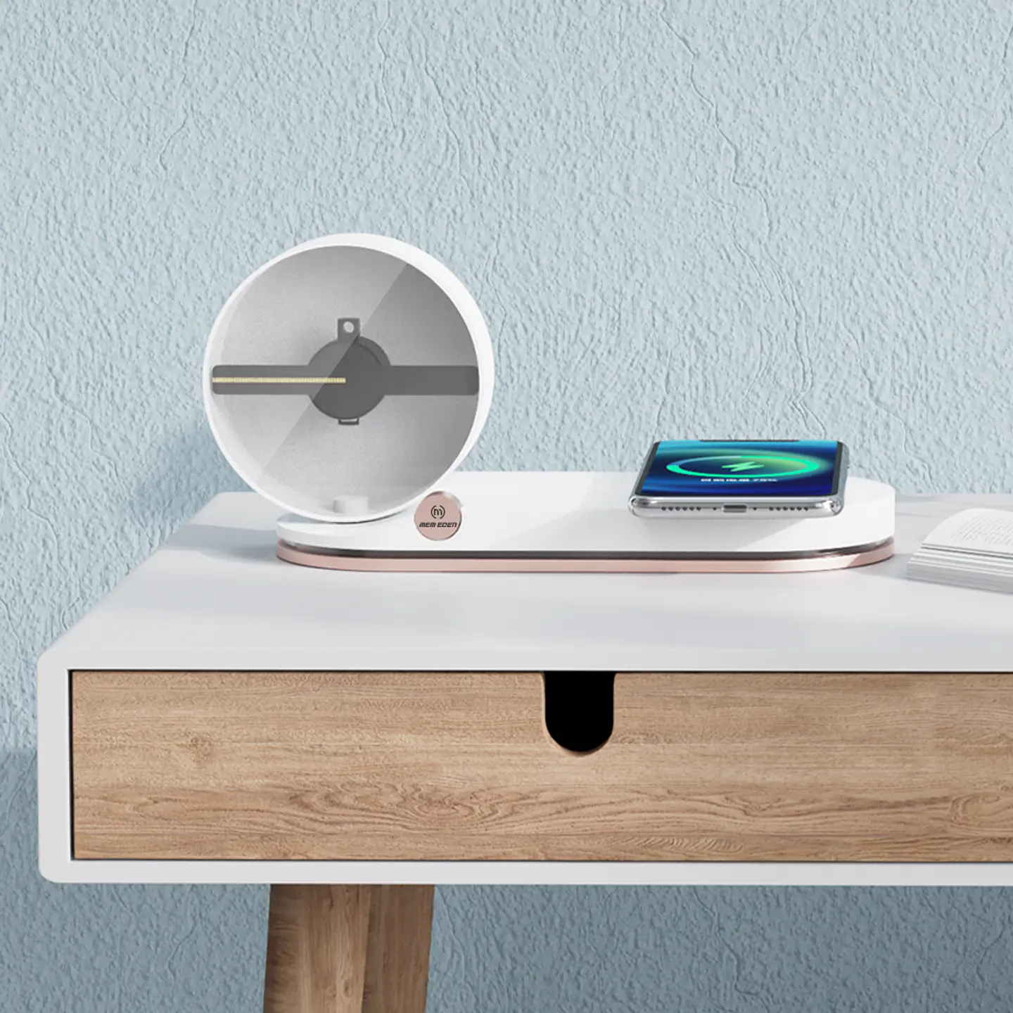 Lámpara de mesa con luz, cargador inalámbrico y pantalla para imágenes tridimensionales 4