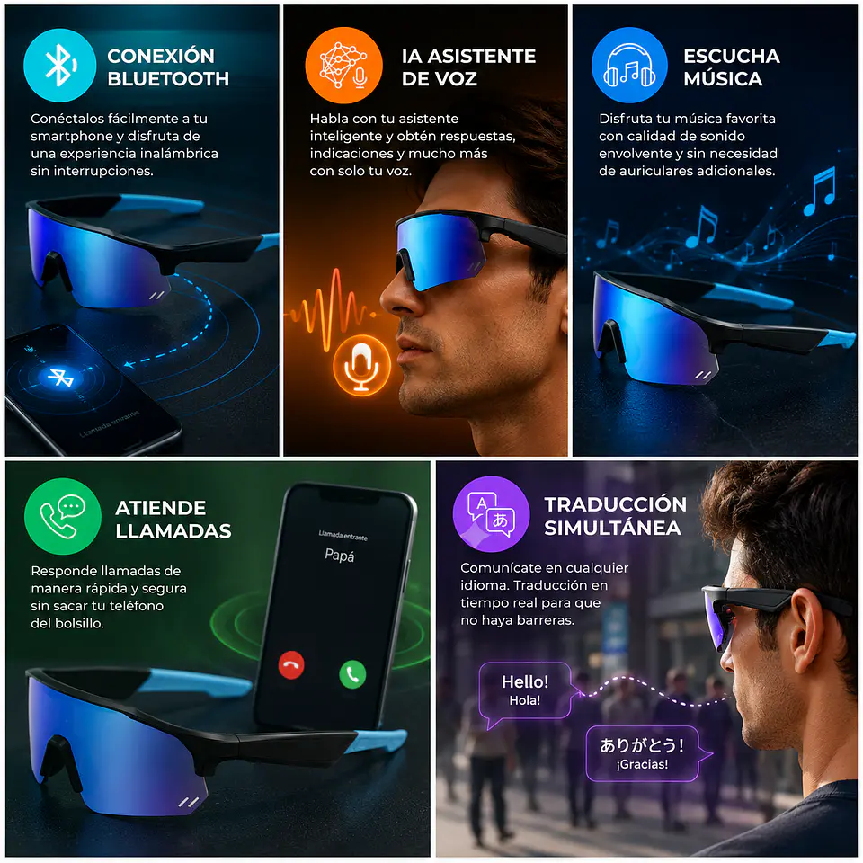 Lentes Deportivos Inteligentes - Bluetooth, Atiende Llamadas, Escucha Música, Función Traductor.  6