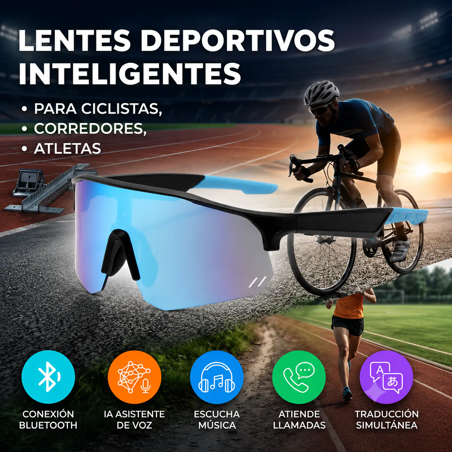 Lentes Deportivos Inteligentes - Bluetooth, Atiende Llamadas, Escucha Música, Función Traductor.  2