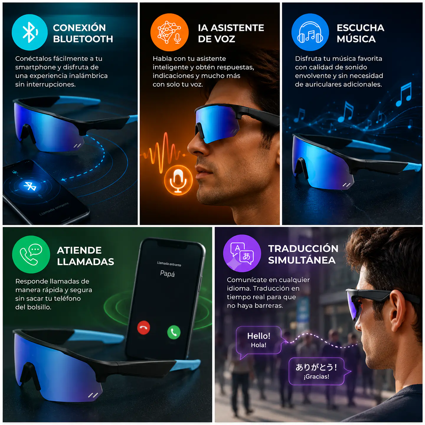 Lentes Deportivos Inteligentes - Bluetooth, Atiende Llamadas, Escucha Música, Función Traductor.  6