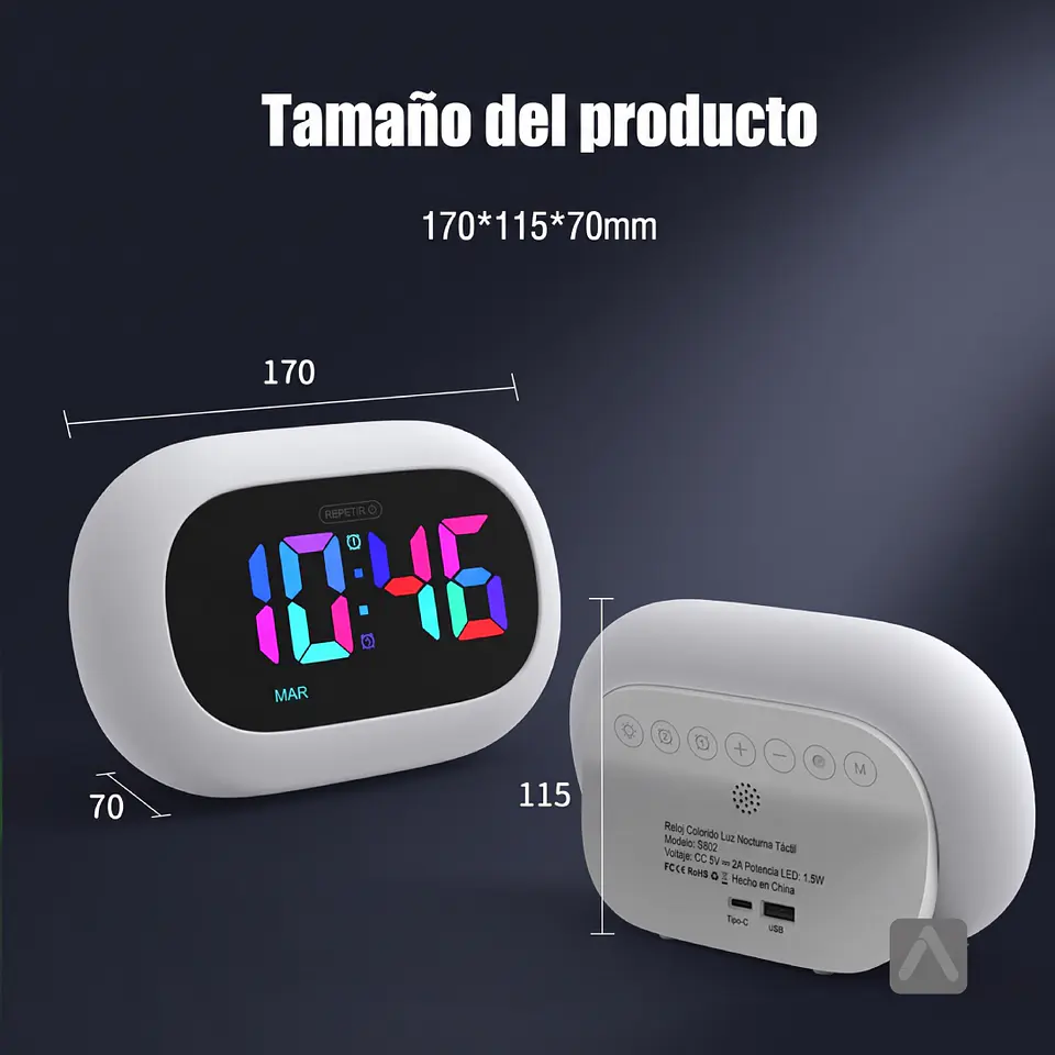Reloj despertador con luz multicolor selectiva y función cargador de celular 2