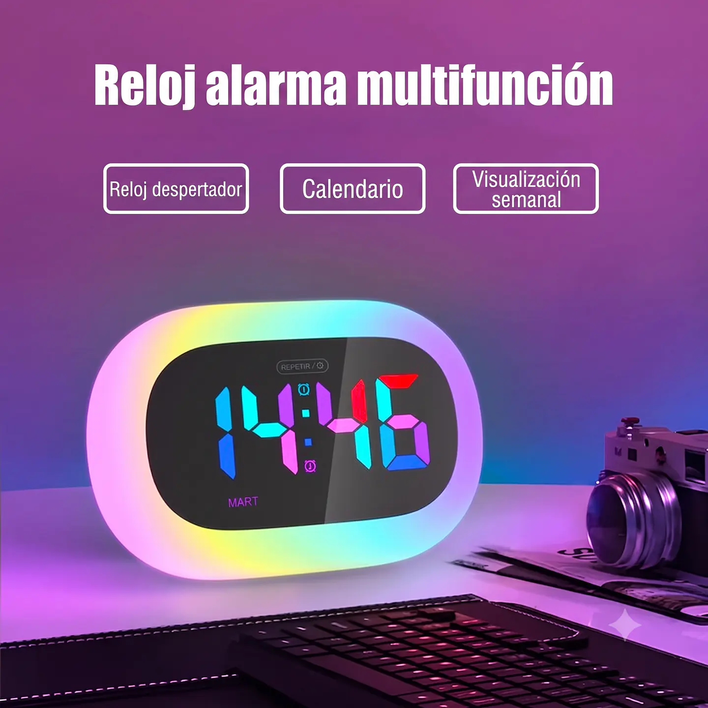 Reloj despertador con luz multicolor selectiva y función cargador de celular 4