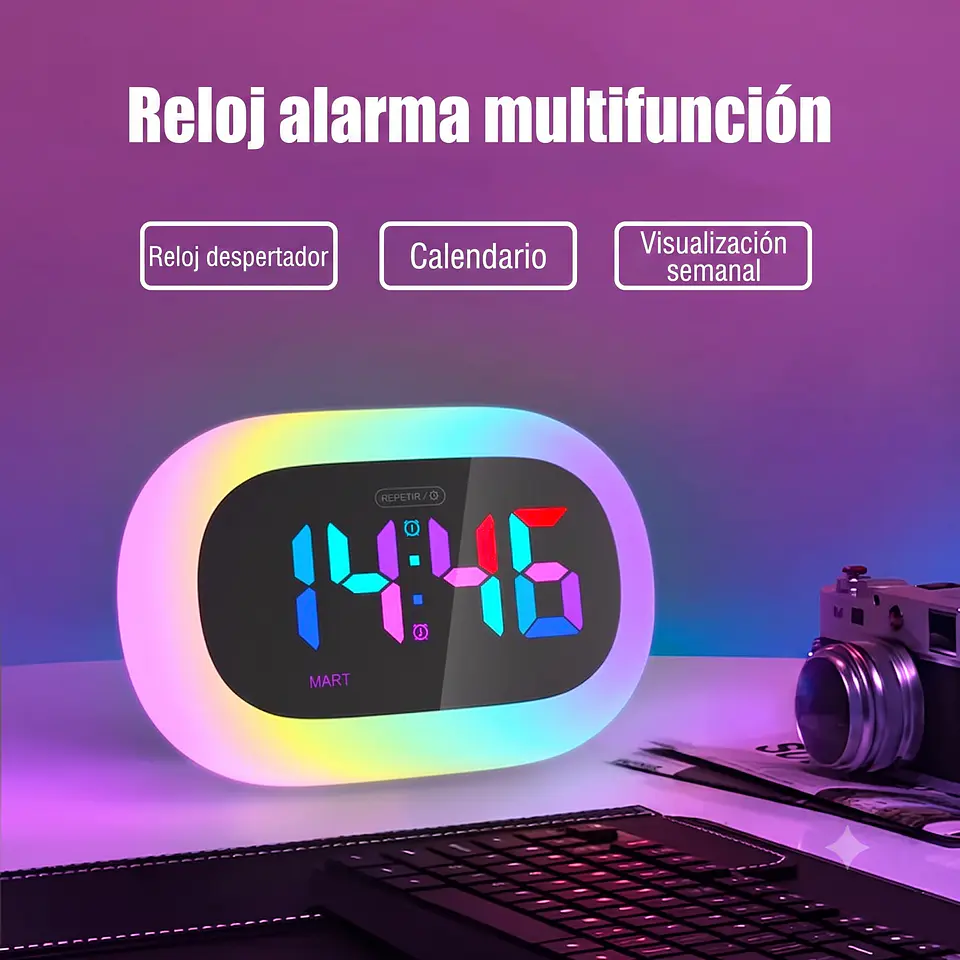 Reloj despertador con luz multicolor selectiva y función cargador de celular 4