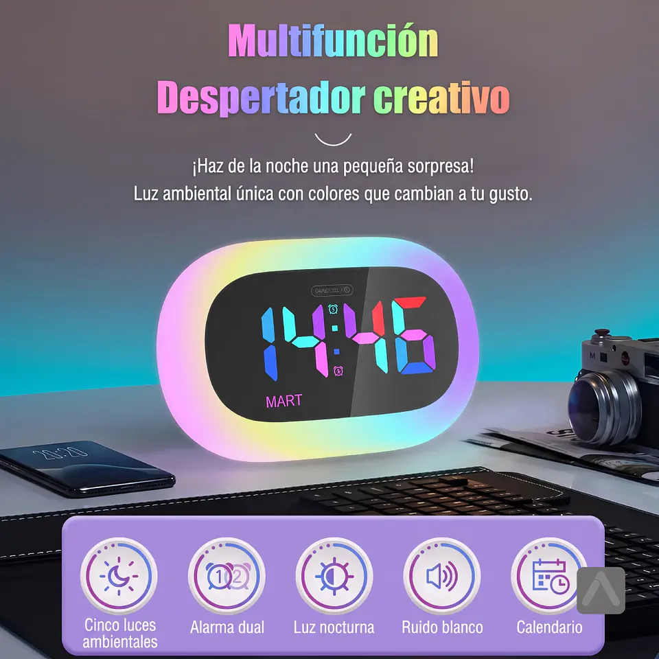 Reloj despertador con luz multicolor selectiva y función cargador de celular 5