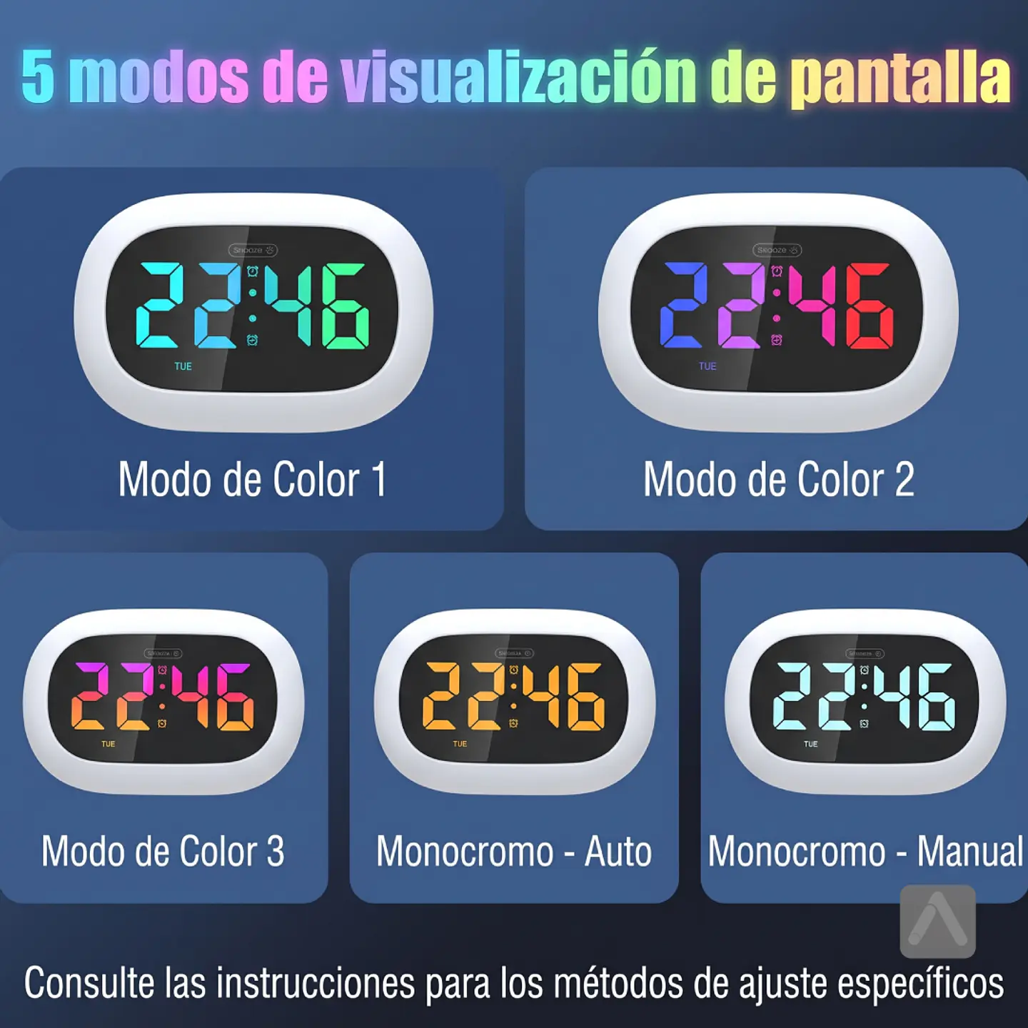Reloj despertador con luz multicolor selectiva y función cargador de celular 6