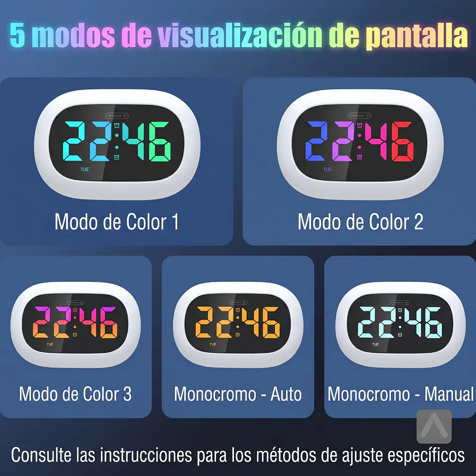 Reloj despertador con luz multicolor selectiva y función cargador de celular 6