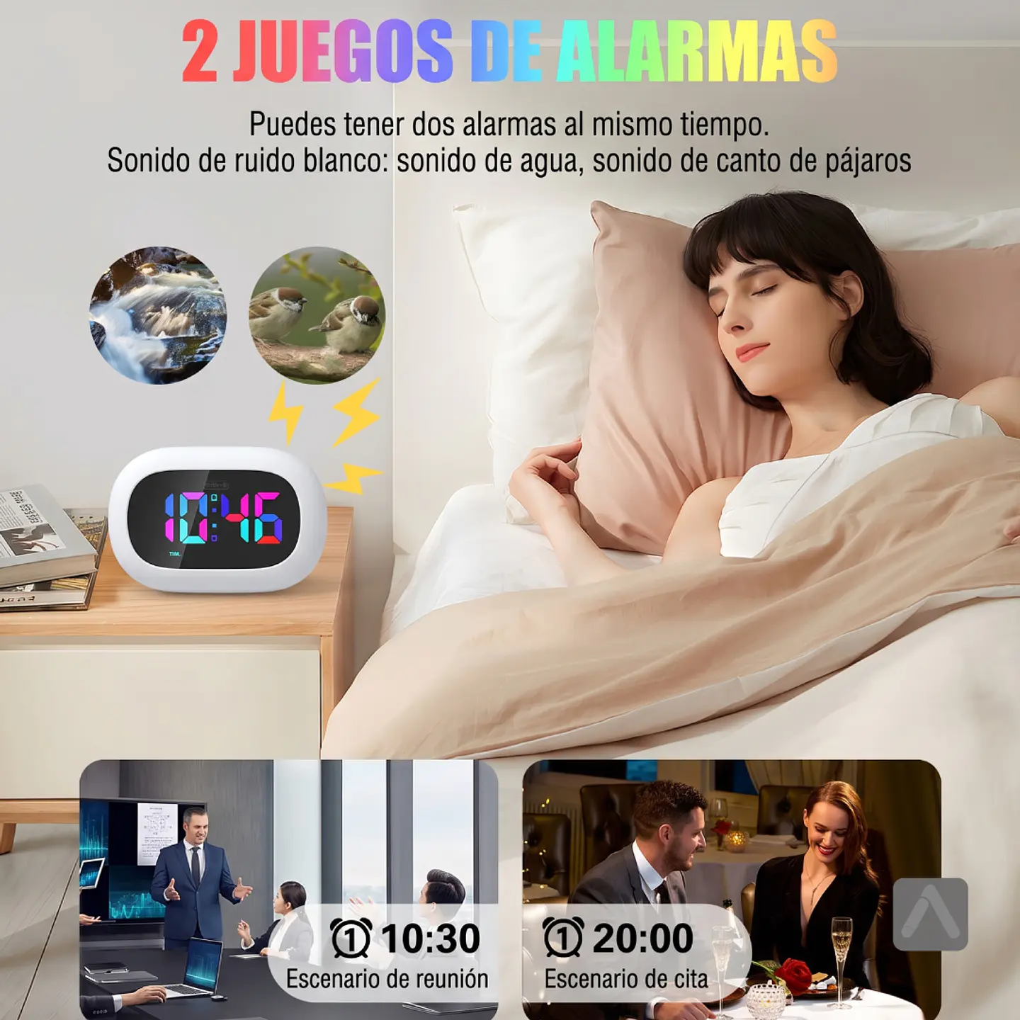 Reloj despertador con luz multicolor selectiva y función cargador de celular 8