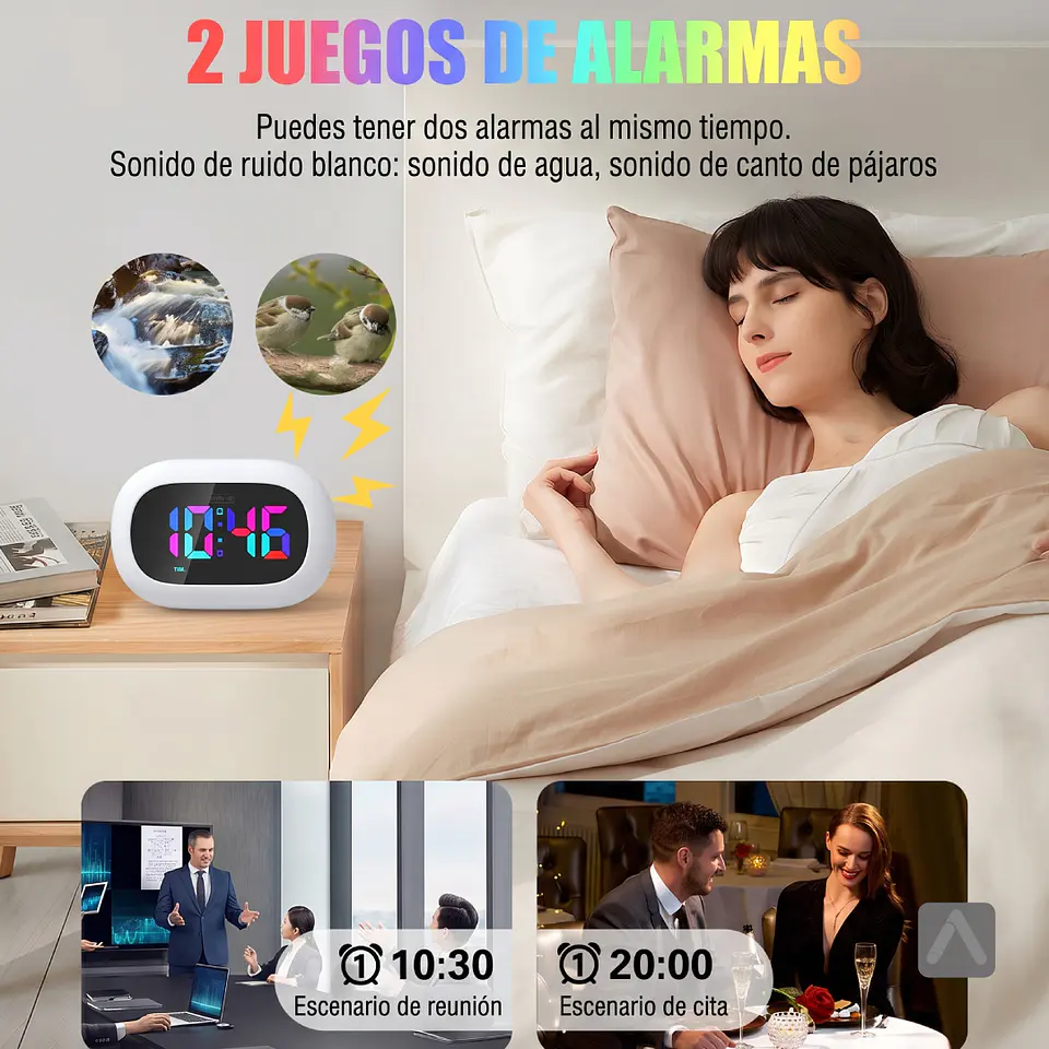 Reloj despertador con luz multicolor selectiva y función cargador de celular 8