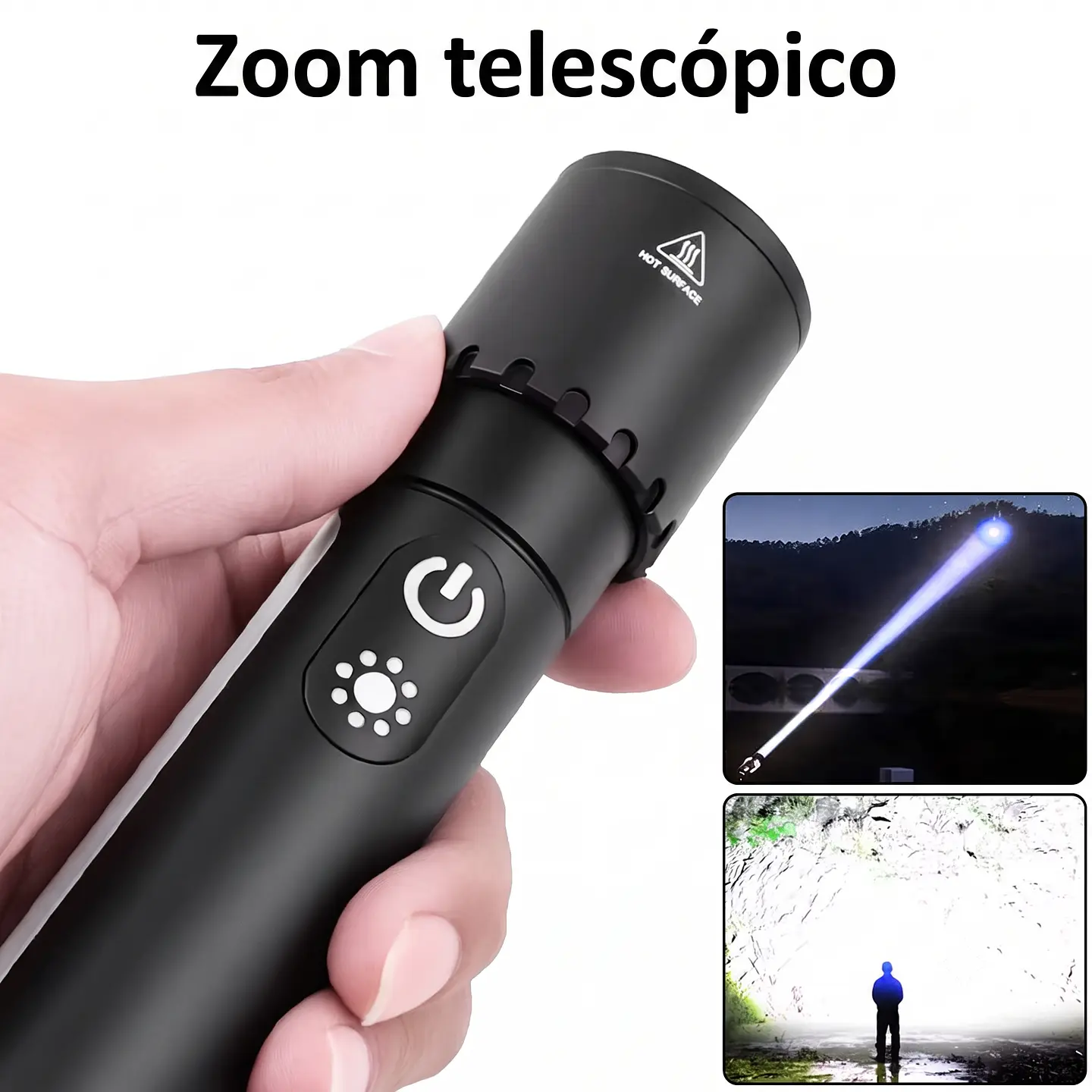 Linterna LED Recargable con Zoom Telescópico, Lámpara y Gancho 2