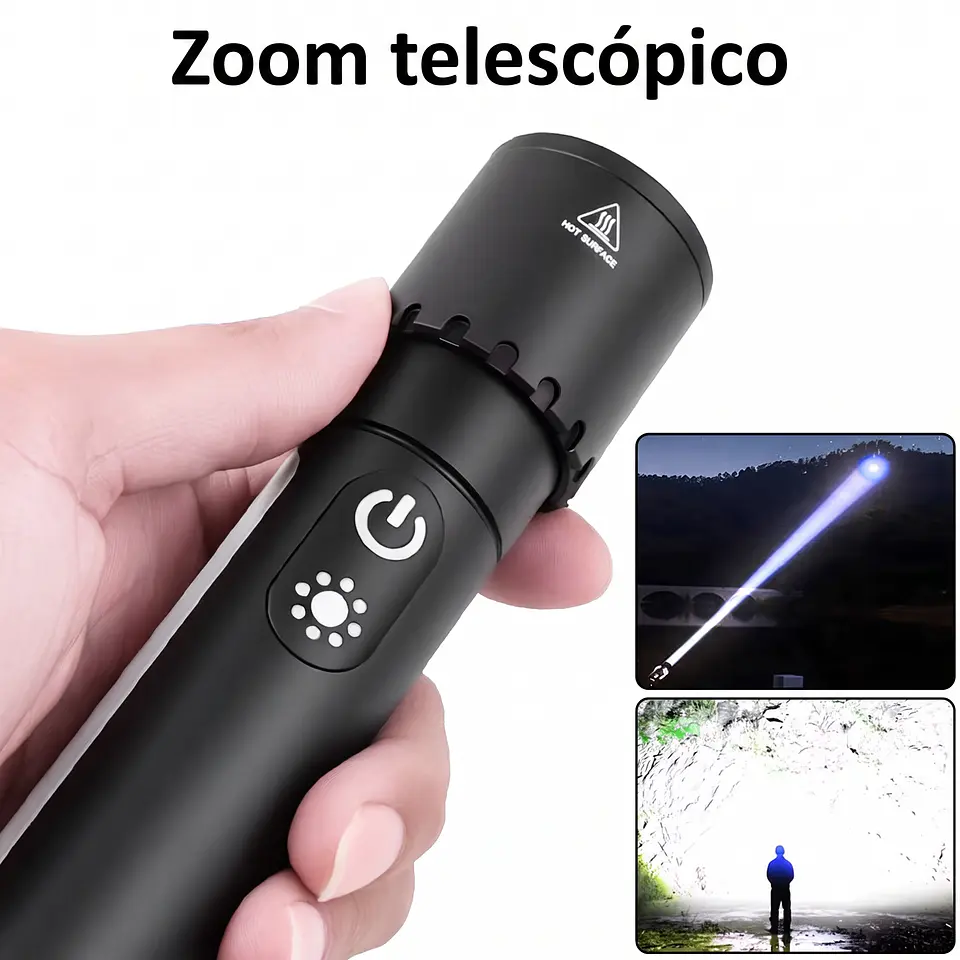 Linterna LED Recargable con Zoom Telescópico, Lámpara y Gancho 2