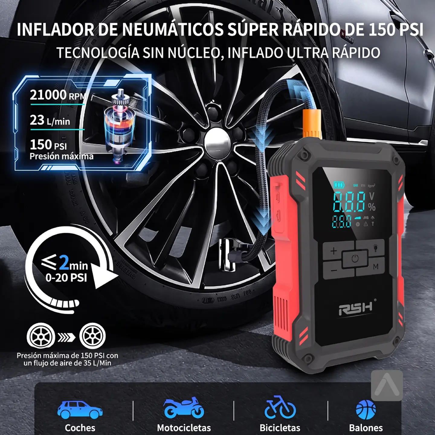 Partidor de Batería Multifuncional 3000A con Inflador de Neumático, Power Bank y Linterna LED 3