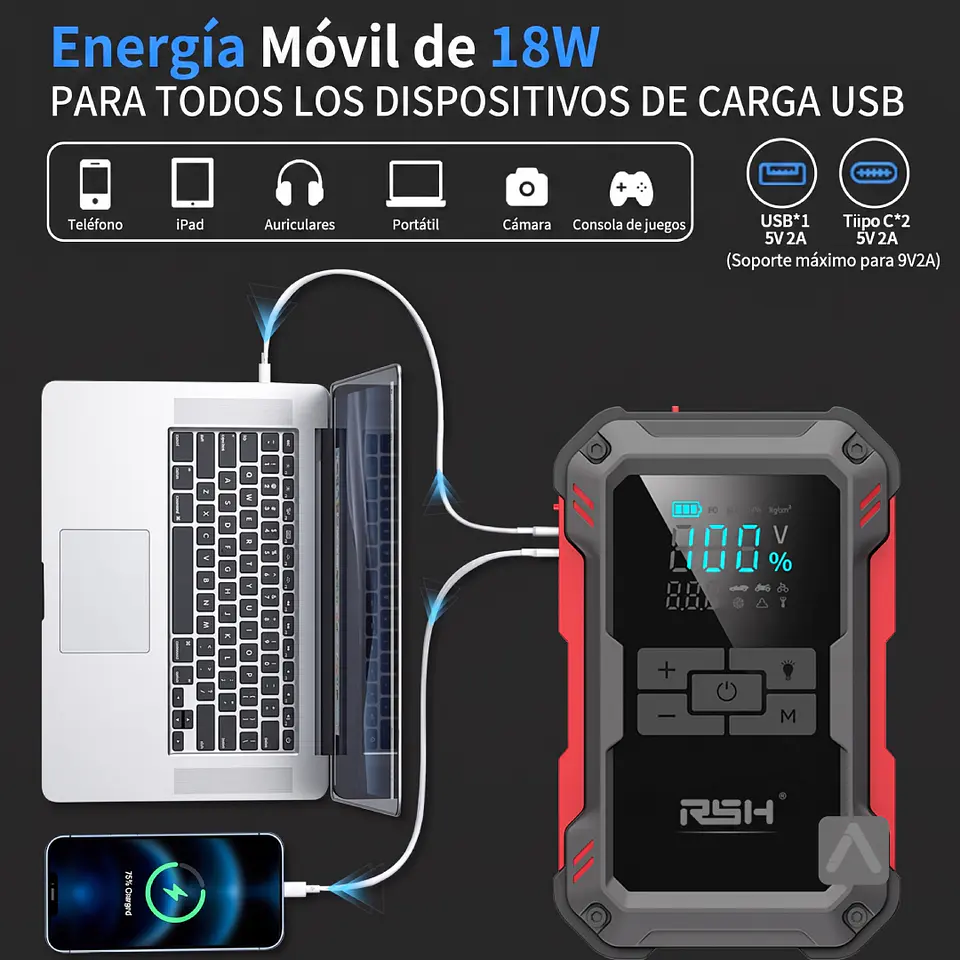 Partidor de Batería Multifuncional 3000A con Inflador de Neumático, Power Bank y Linterna LED 4