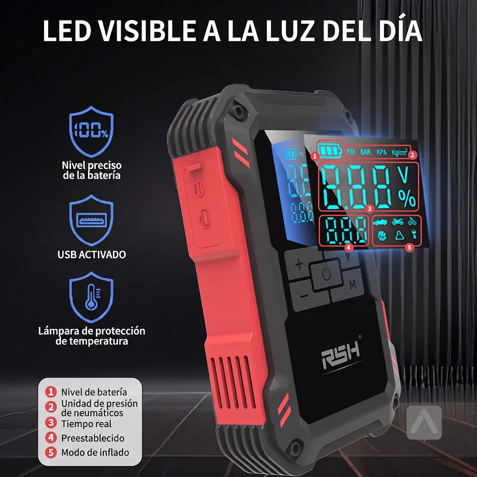 Partidor de Batería Multifuncional 3000A con Inflador de Neumático, Power Bank y Linterna LED 6