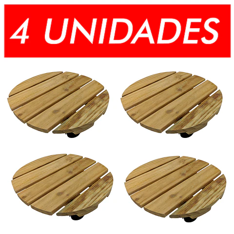 Combo 4 Und Base En Pino Redonda 40cm Para Matera Con Ruedas