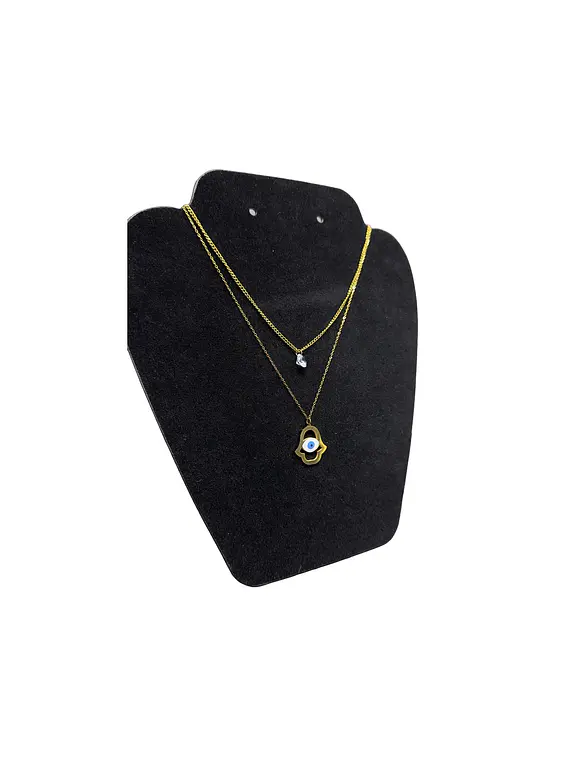 Collar Doble acero inoxidable con Zirconia Mano de Fatima