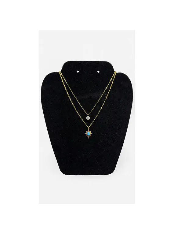 Collar Doble acero inoxidable con Zirconia y Piedra Celeste