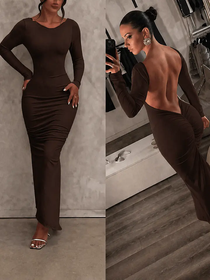vestido largo con escote en la espalda manga larga  1