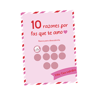 Tarjeta personalizada “10 razones” con frases bajo raspes